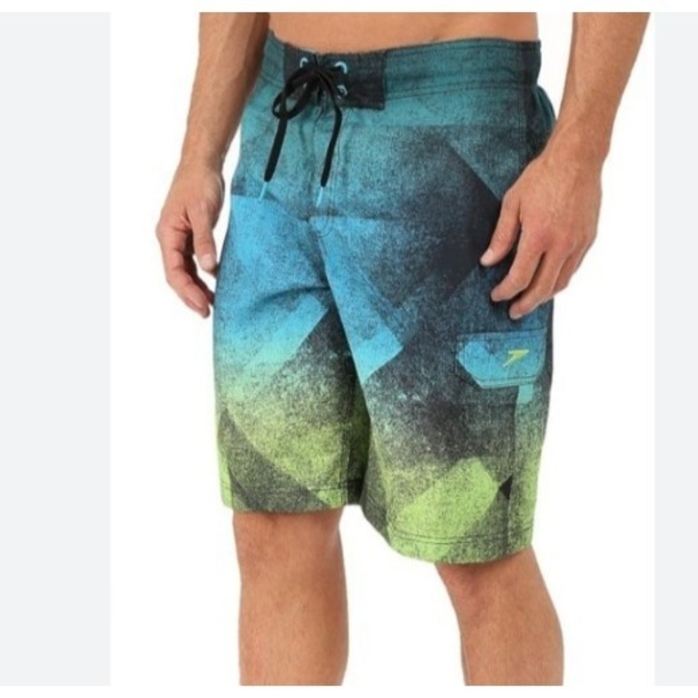 Speedo Swim‎ Trunks Mens L Blue, Black&Green Brief Lined Board Shorts Beach Surf